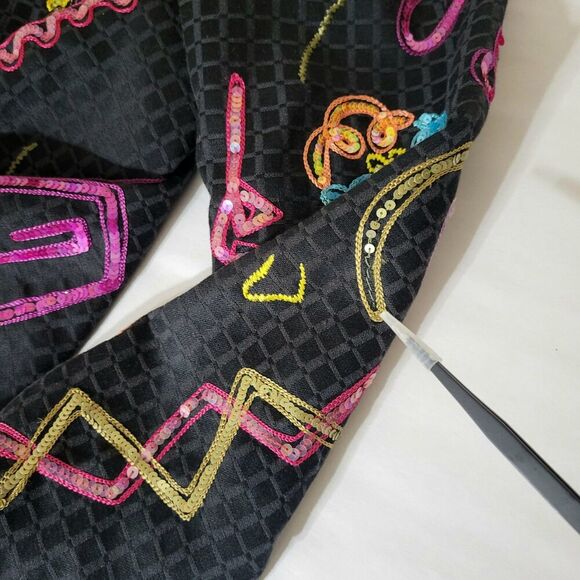 Black Jacket Bright Floral Accents Glass Buttons M Sequined Embroidered Alex Kim - Picture 5 of 11